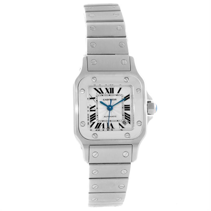 Front view of a Cartier Santos W20054D6 Women
s Stainless Steel Silver Dial W20054D6 Women
s Stainless Steel Silver Dial watch, displaying its face, bezel, and bracelet.