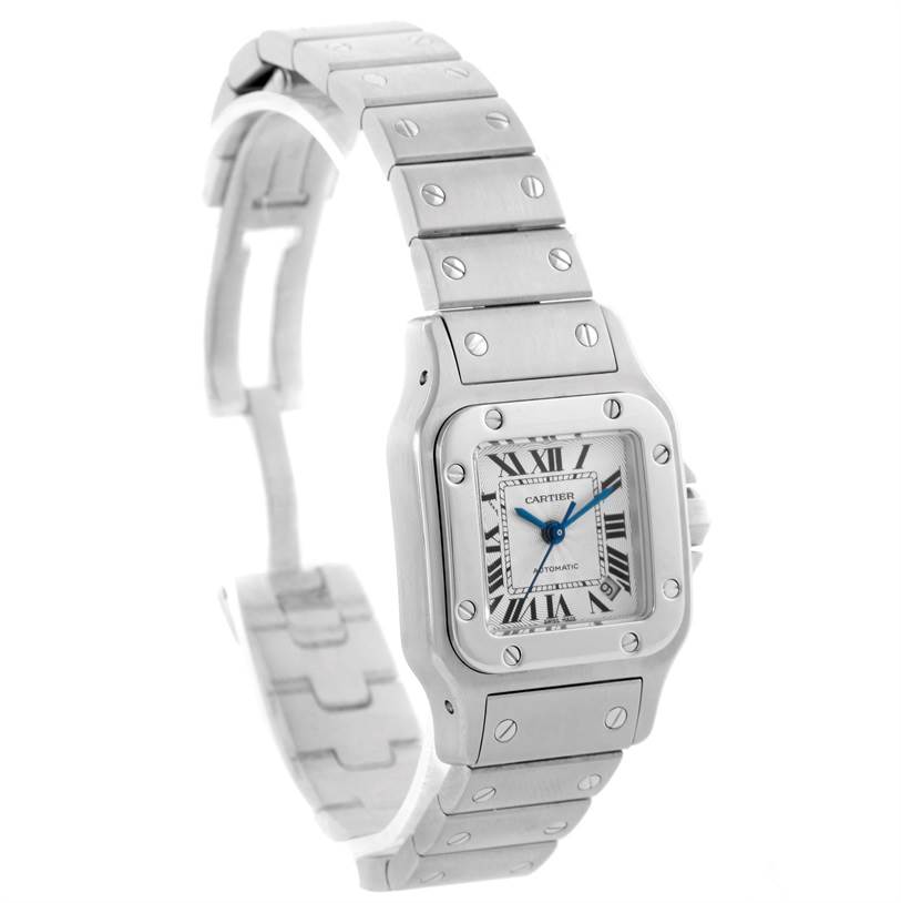 The image shows a Santos model by Cartier from a side angle, displaying the face and partially open bracelet.