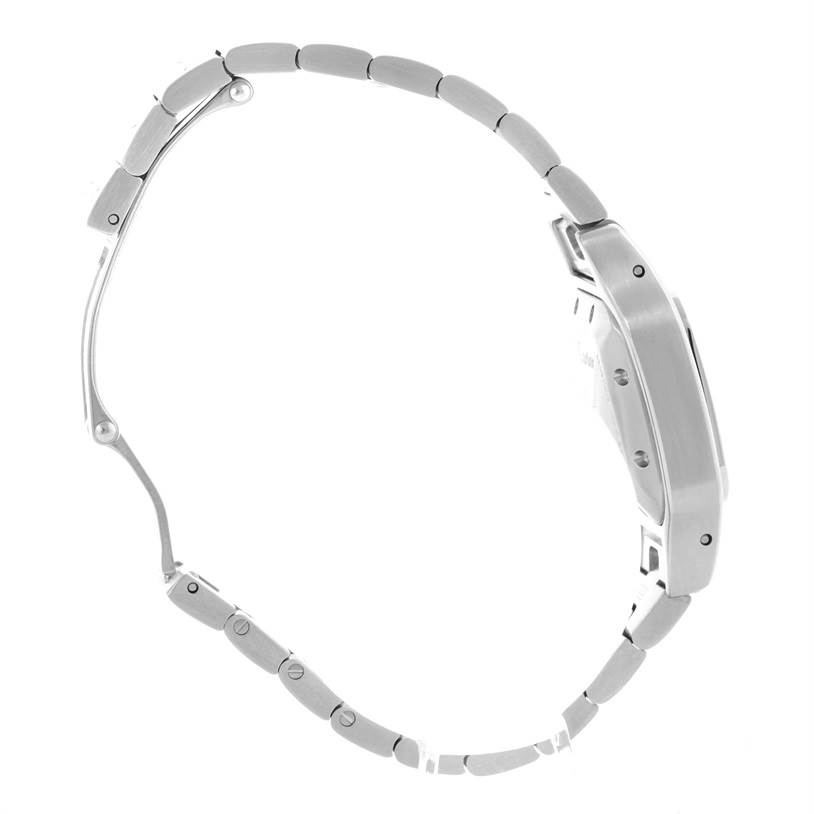 The image shows a side profile of the Santos model watch by Cartier, highlighting the case and bracelet.