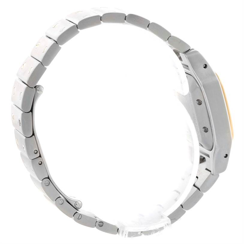 This side view of the Santos model by Cartier shows the watch
s metal bracelet and case profile.