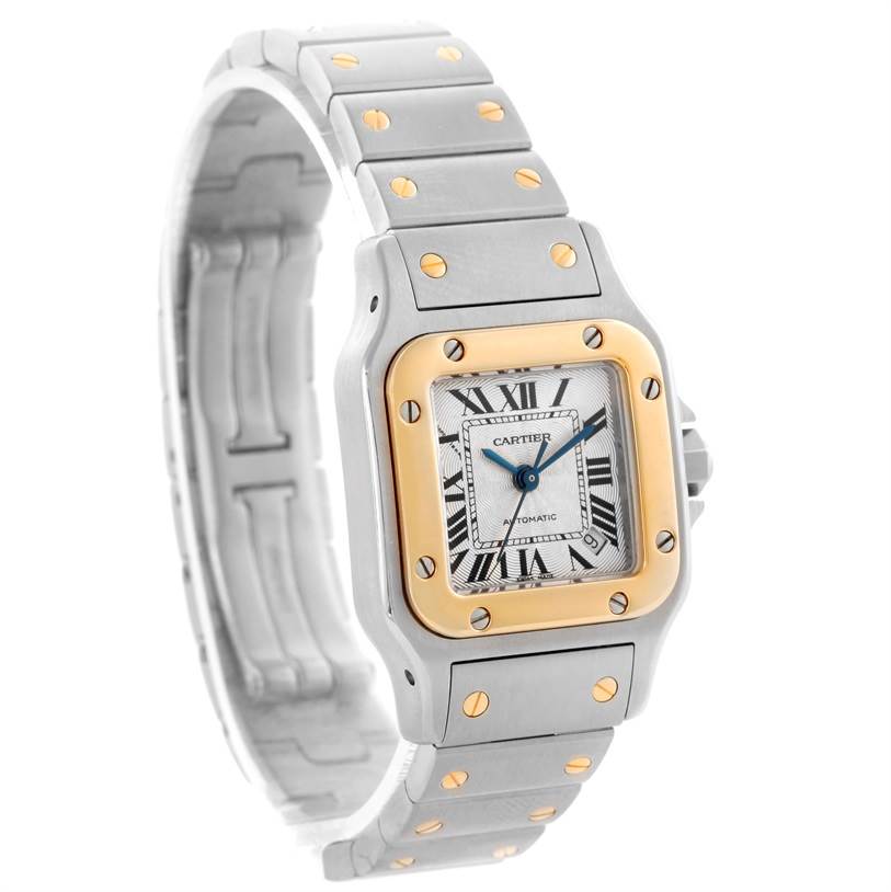 The image shows a Cartier Santos W20057C4 Women
s Stainless Steel Silver Dial W20057C4 Women
s Stainless Steel Silver Dial watch at a three-quarter angle, displaying the dial, bezel, and part of the bracelet.