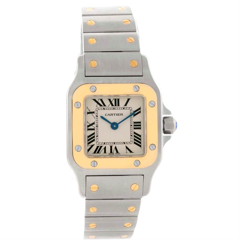 The image shows a front view of the Santos model by Cartier, featuring its dial, bezel, and bracelet.