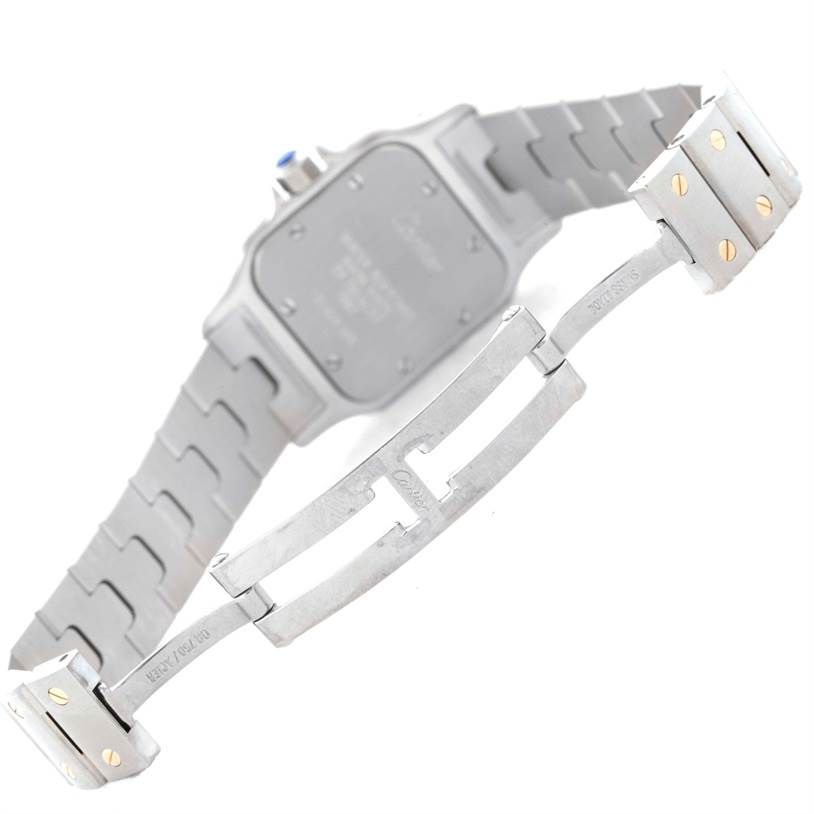 The image shows the back case and open clasp of a Cartier Santos W20012C4 Women
s Stainless Steel Silver Dial W20012C4 Women
s Stainless Steel Silver Dial watch.