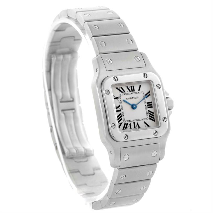 The Cartier Santos W20056D6 Women
s Stainless Steel Silver Dial W20056D6 Women
s Stainless Steel Silver Dial watch is shown at a slight angle, highlighting the face, bezel, and bracelet with visible screws.
