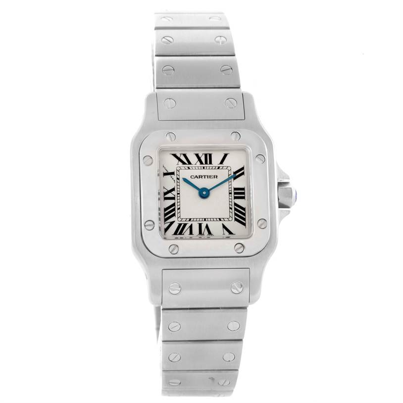 This image shows the Cartier Santos W20056D6 Women
s Stainless Steel Silver Dial W20056D6 Women
s Stainless Steel Silver Dial watch from a front view, highlighting its face, bezel, and part of the strap.