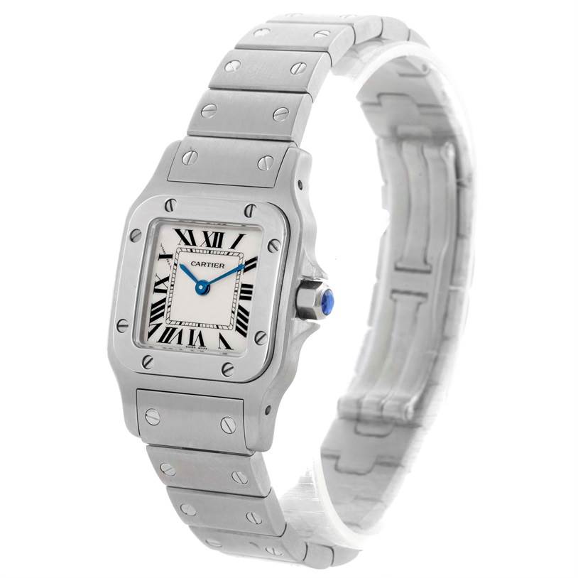 This image shows a Cartier Santos W20056D6 Women
s Stainless Steel Silver Dial W20056D6 Women
s Stainless Steel Silver Dial watch at an angled side view, displaying the face, bezel, case, and part of the bracelet.