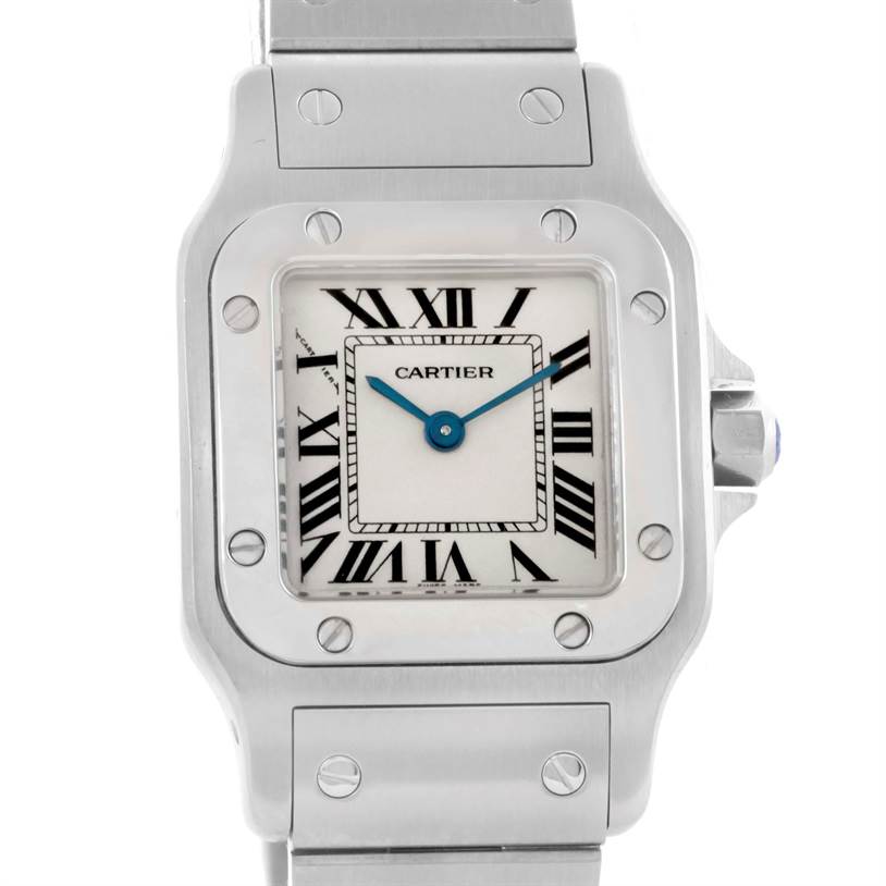 The image shows a front close-up of the dial and part of the bracelet of a Cartier Santos W20056D6 Women
s Stainless Steel Silver Dial W20056D6 Women
s Stainless Steel Silver Dial watch.