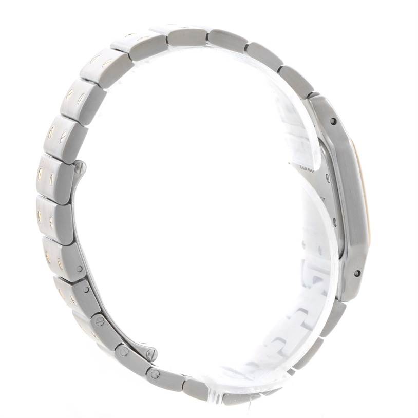 The image shows a side profile of a Santos model by Cartier, focusing on the bracelet and the side of the case.