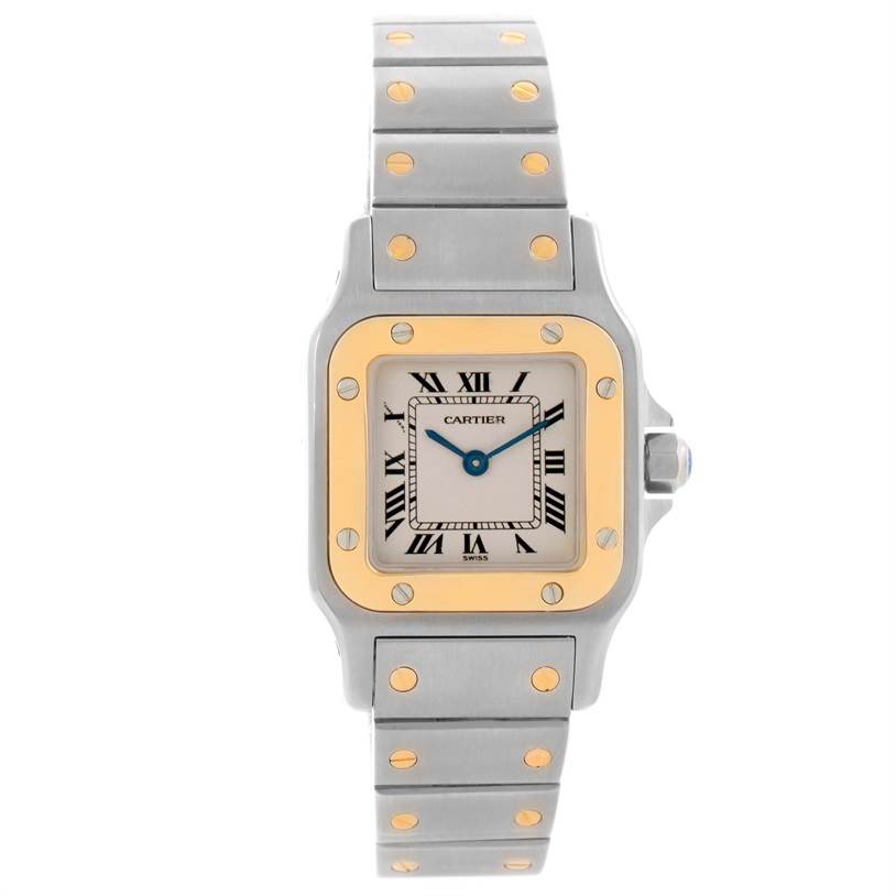 This image shows a front view of the Santos model watch by Cartier, highlighting its square face, bezel, and bracelet.