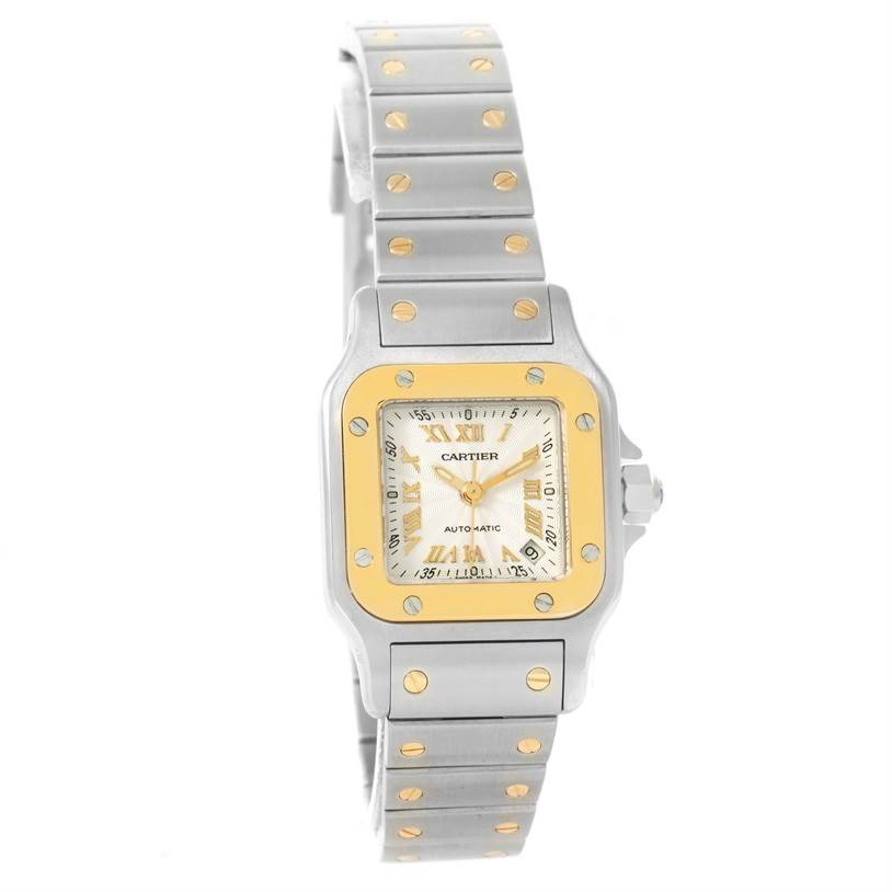 This is a front view of the Cartier Santos W20057C4 Women
s Stainless Steel Silver Dial W20057C4 Women
s Stainless Steel Silver Dial watch showcasing its face, bezel, and part of the metal strap.