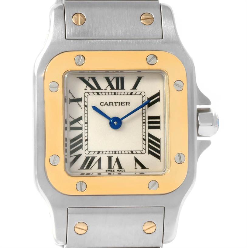 The image shows a front view of the dial and part of the bracelet of the Cartier Santos W20012C4 Women
s Stainless Steel Silver Dial W20012C4 Women
s Stainless Steel Silver Dial model watch.