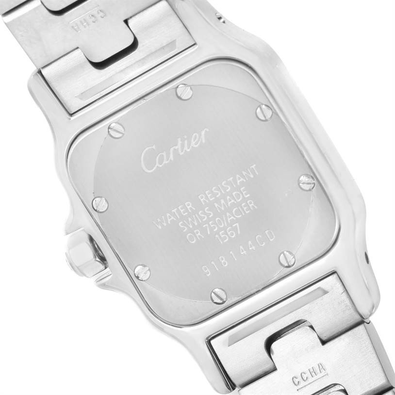 This image shows the back case and bracelet of a Santos model watch by Cartier at a slight angle.