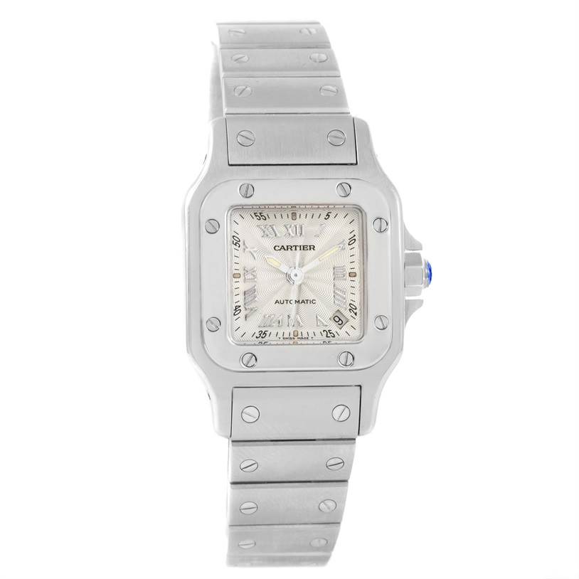 The image shows a frontal view of a Cartier Santos W20044D6 Women
s Stainless Steel Silver Dial W20044D6 Women
s Stainless Steel Silver Dial watch, highlighting the dial, bezel, and metal bracelet.