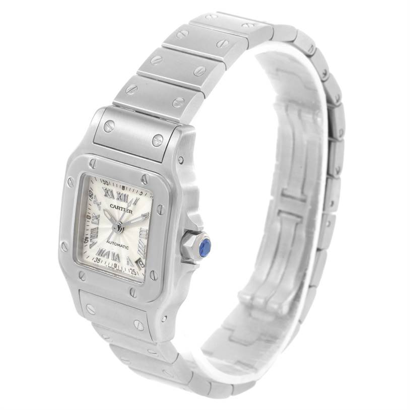 The image shows a side angle of the Santos model by Cartier, displaying the watch face, crown, and bracelet.