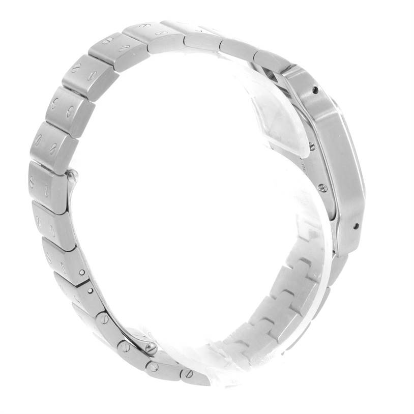 The image shows a side view of the bracelet and case of a Santos model watch by Cartier.