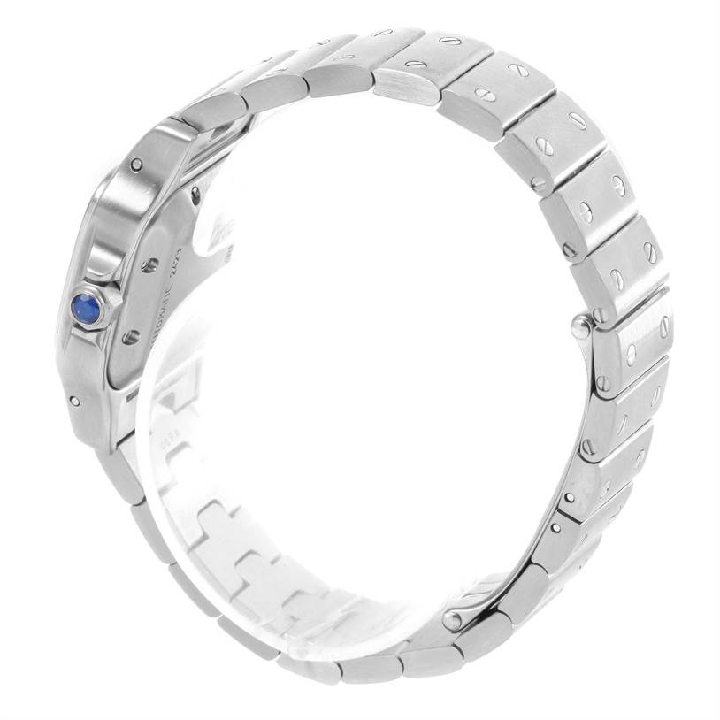 The image shows a side view of the Cartier Santos W20044D6 Women
s Stainless Steel Silver Dial W20044D6 Women
s Stainless Steel Silver Dial model watch, focusing on the metallic strap and the side of the case.