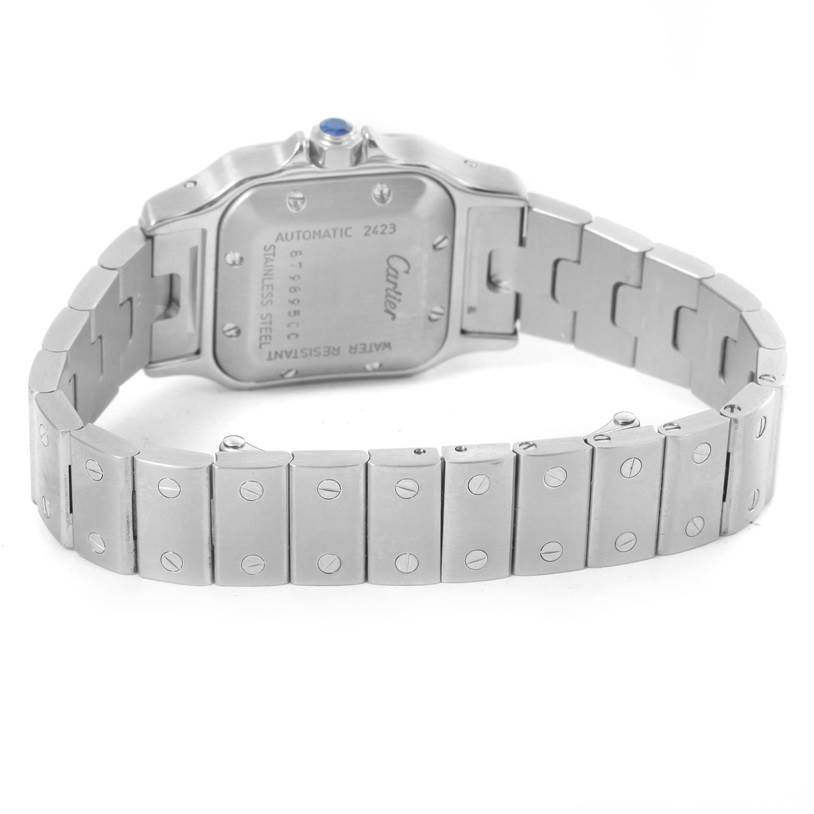 The image shows the back view of a Cartier Santos W20044D6 Women
s Stainless Steel Silver Dial W20044D6 Women
s Stainless Steel Silver Dial watch, highlighting the stainless steel case and bracelet.