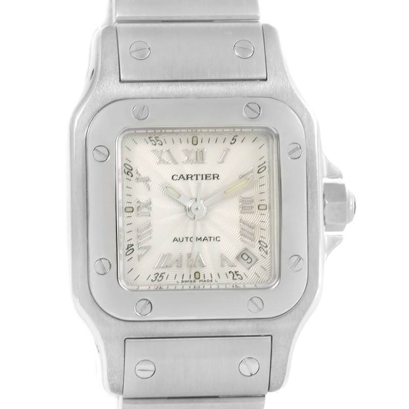 The image shows a close-up of a Cartier Santos W20044D6 Women's Stainless Steel Silver Dial W20044D6 Women's Stainless Steel Silver Dial watch face and part of the bracelet.