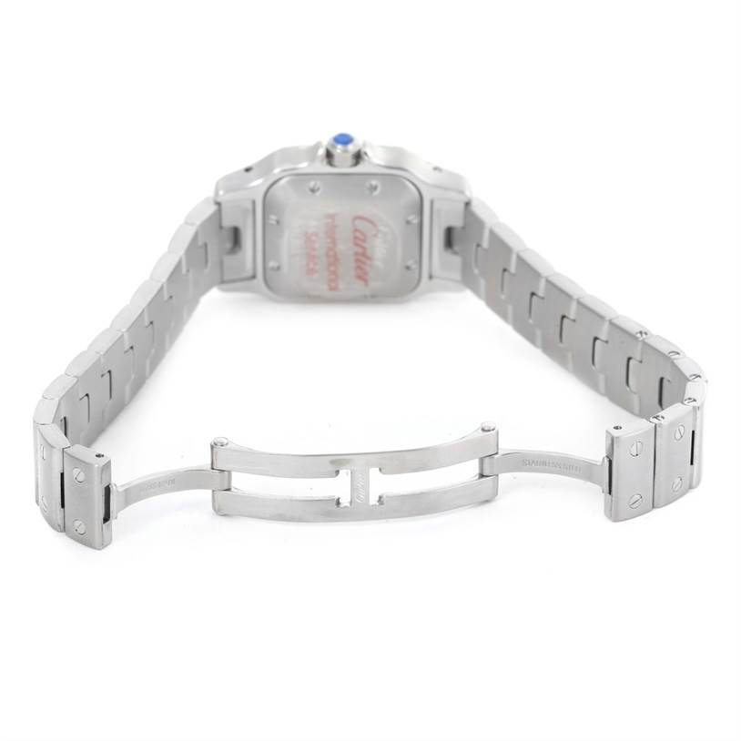 This image shows the back side and clasp of a Santos model by Cartier.