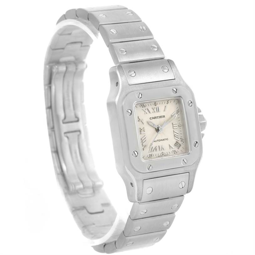 The image shows a silver Cartier Santos W20044D6 Women's Stainless Steel Silver Dial W20044D6 Women's Stainless Steel Silver Dial watch at a slight angle, featuring the face and bracelet.