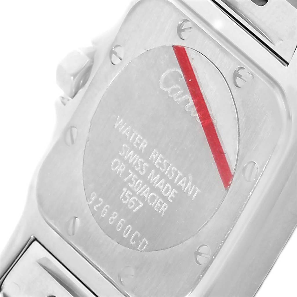 This close-up image shows the back case of a Cartier Santos W20012C4 Women's Stainless Steel Silver Dial W20012C4 Women's Stainless Steel Silver Dial watch, including details on water resistance and serial number.
