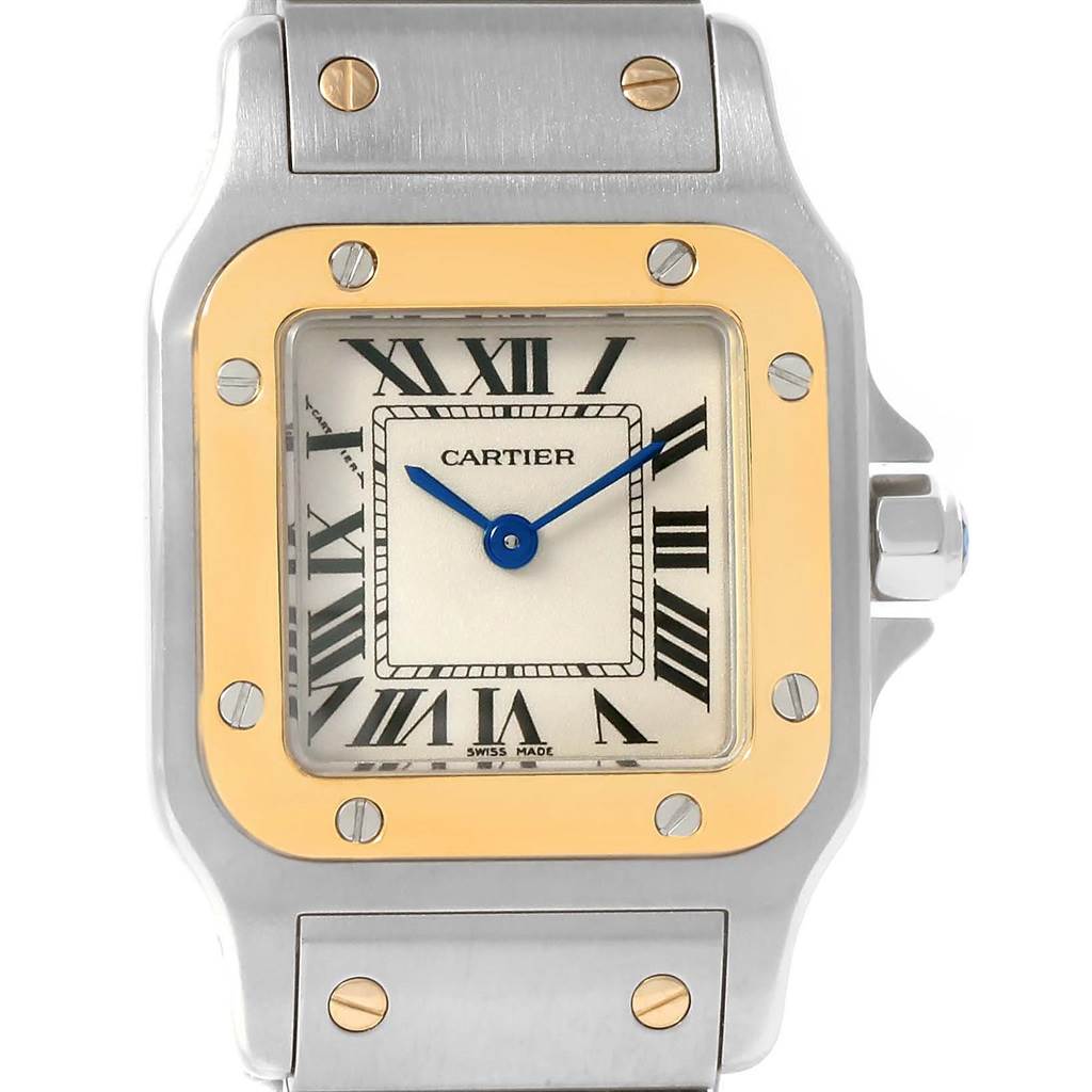 The image shows a close-up of the dial, bezel, and part of the bracelet of the Cartier Santos W20012C4 Women's Stainless Steel Silver Dial W20012C4 Women's Stainless Steel Silver Dial watch.