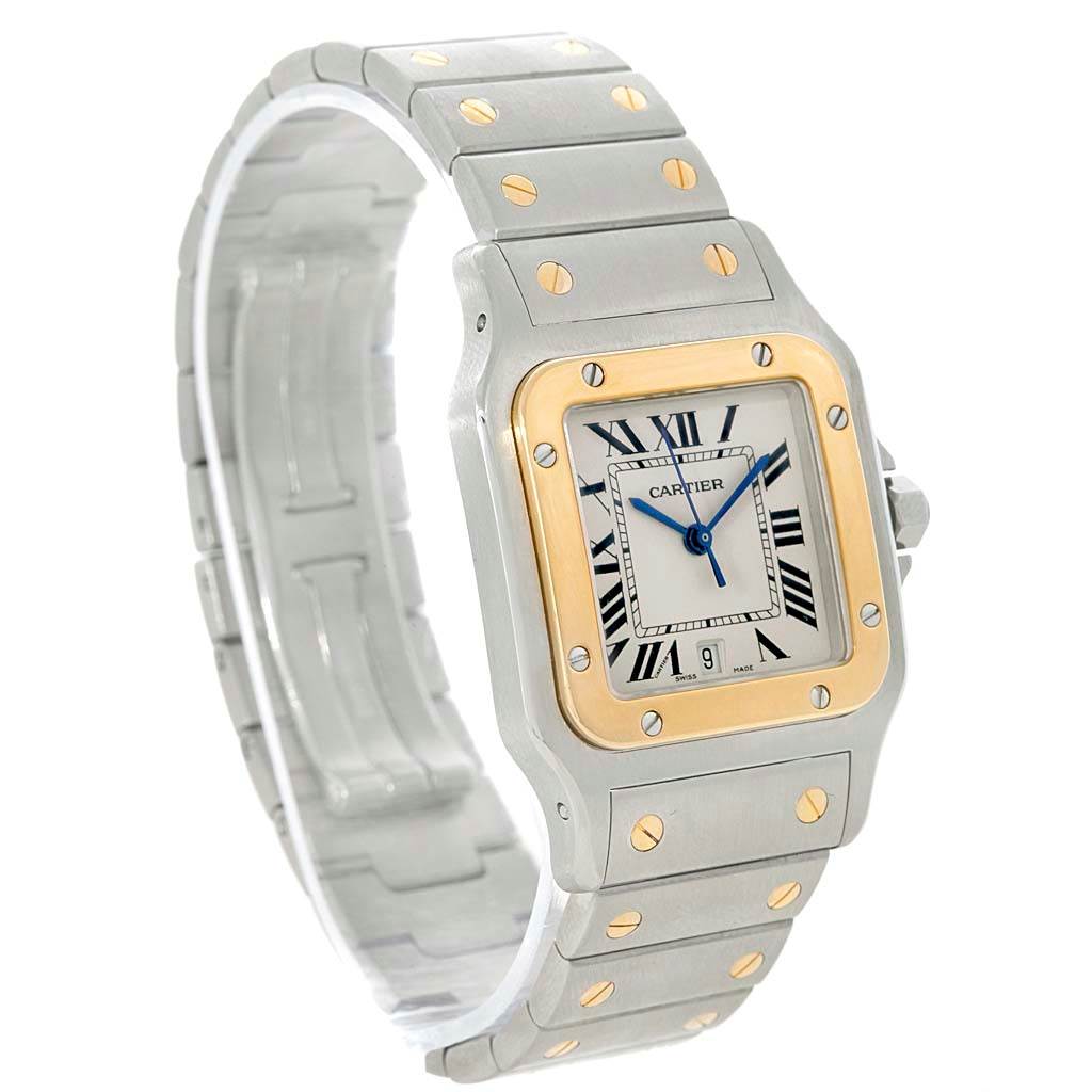 The image shows a Cartier Santos W20011C4 Stainless Steel Silver Dial W20011C4 Stainless Steel Silver Dial watch at a slight angle, highlighting the two-tone case, bracelet, and Roman numeral dial.