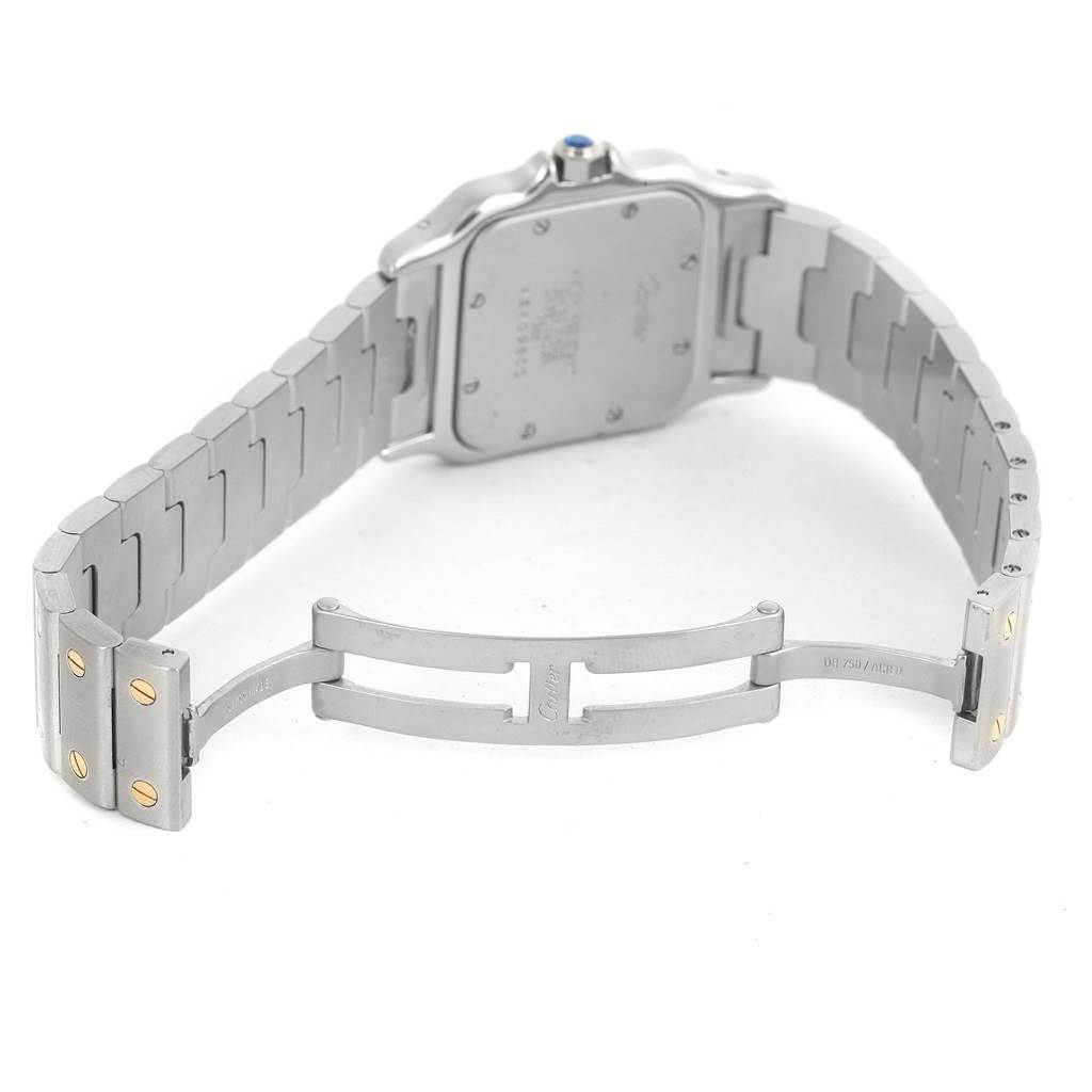 The image shows the back angle of a Cartier Santos W20011C4 Stainless Steel Silver Dial W20011C4 Stainless Steel Silver Dial watch, highlighting its stainless steel bracelet and deployment clasp.