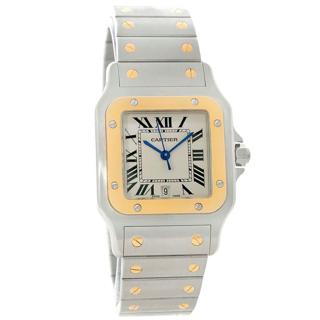 The image shows a front view of the Santos model watch by Cartier, highlighting the face, bezel, and bracelet.