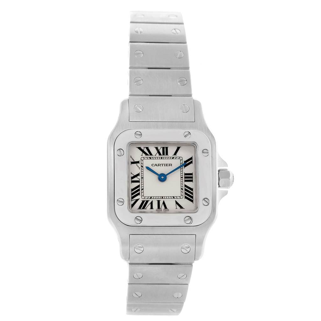 This image shows a front view of the Cartier Santos W20056D6 Women
s Stainless Steel Silver Dial W20056D6 Women
s Stainless Steel Silver Dial watch, highlighting its face, bezel, and bracelet.