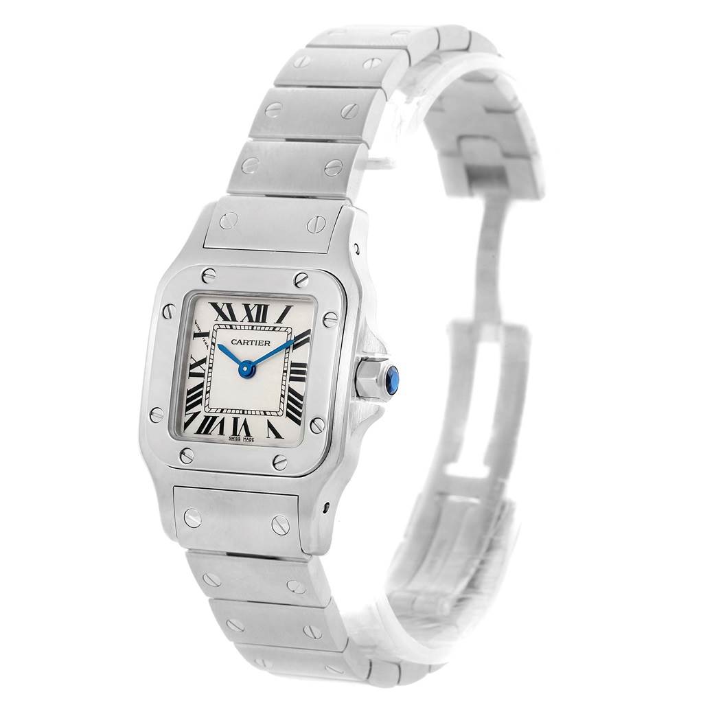 This image shows the full front and side view of the Cartier Santos W20056D6 Women
s Stainless Steel Silver Dial W20056D6 Women
s Stainless Steel Silver Dial watch, including the face, bezel, and bracelet.