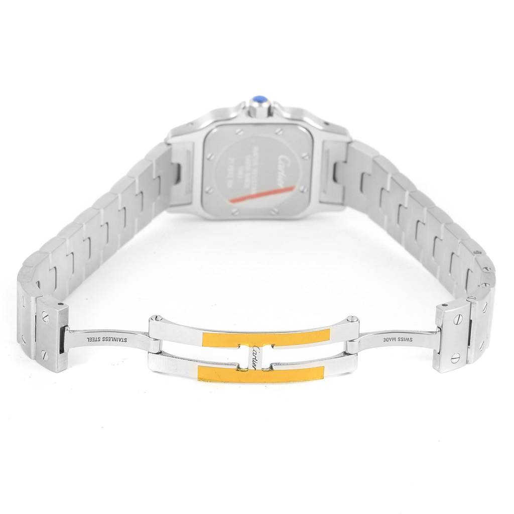 The image shows the open clasp and back of the stainless steel bracelet of a Cartier Santos W20056D6 Women
s Stainless Steel Silver Dial W20056D6 Women
s Stainless Steel Silver Dial model watch.