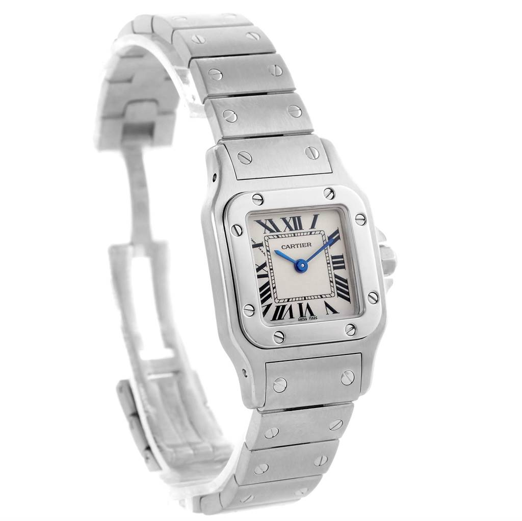 The image shows a Santos model watch by Cartier from a front angle, highlighting the face, bezel, and bracelet.