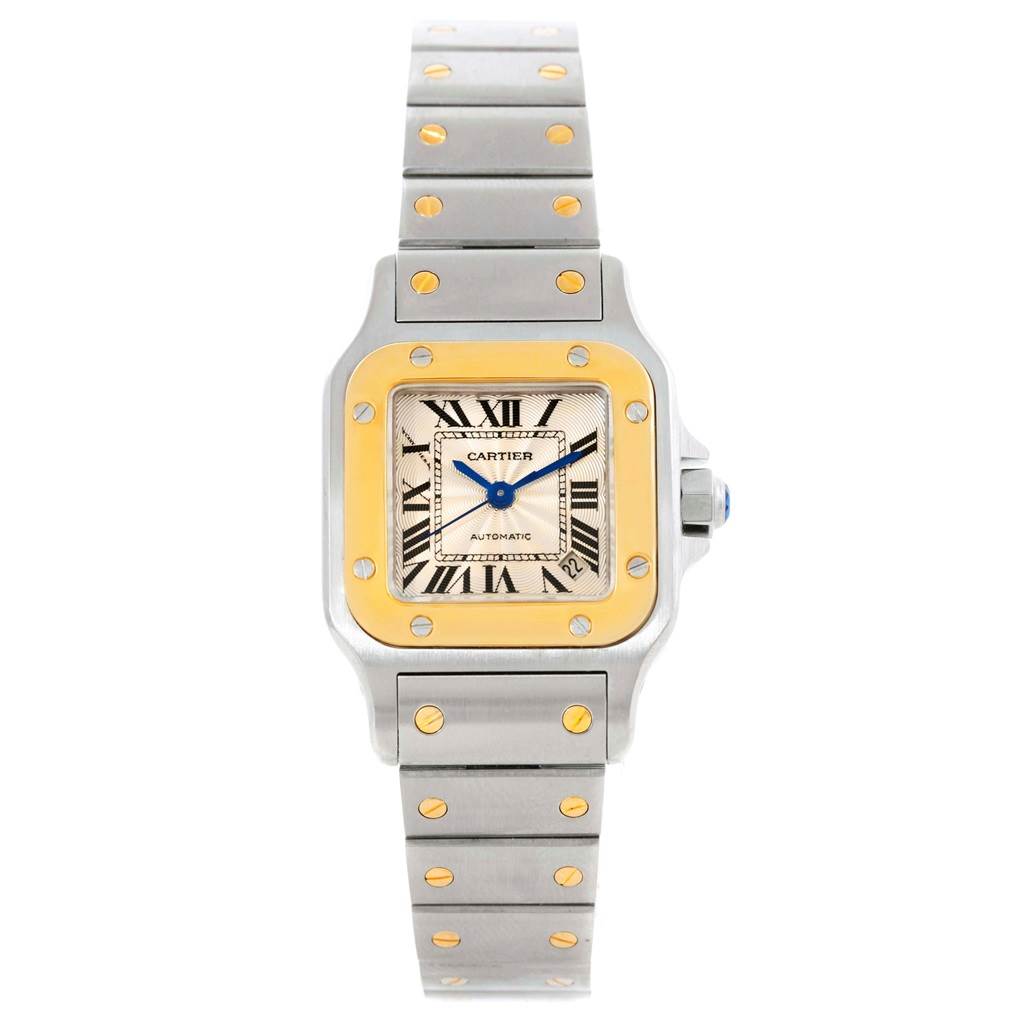 This image shows a front view of a Cartier Santos W20057C4 Women's Stainless Steel Beige Dial W20057C4 Women's Stainless Steel Beige Dial watch, featuring its dial, bezel, and bracelet.