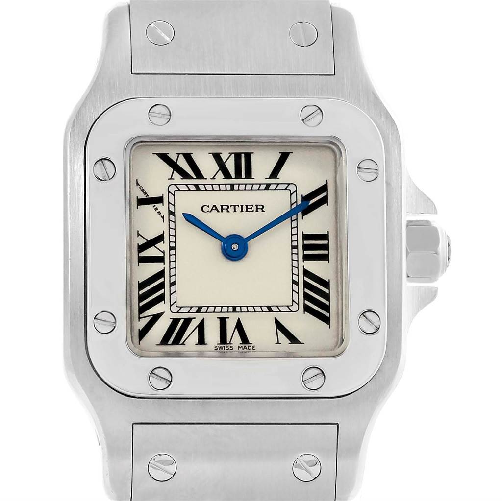 The image shows a Cartier Santos W20056D6 Women
s Stainless Steel Silver Dial W20056D6 Women
s Stainless Steel Silver Dial watch from a front angle, highlighting the dial, case, screws, and part of the bracelet.