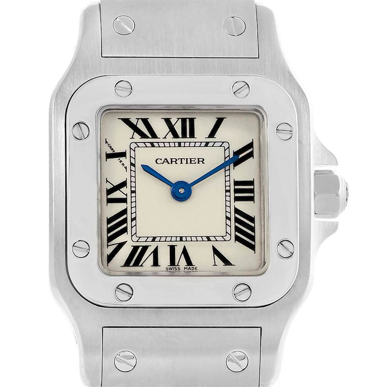 The image shows a Cartier Santos watch from a front angle, highlighting the dial, case, screws, and part of the bracelet.