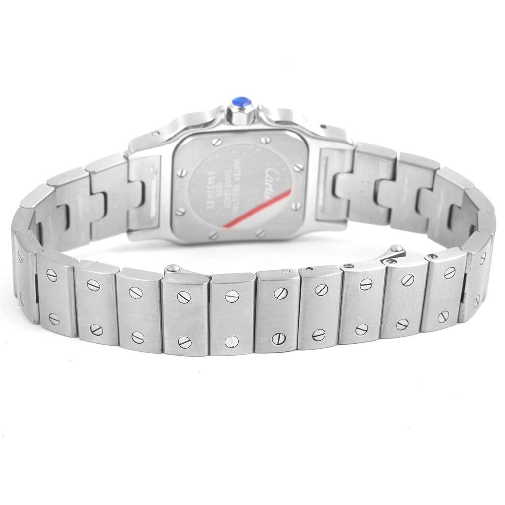 This image shows the back and bracelet of the Cartier Santos W20056D6 Women
s Stainless Steel Silver Dial W20056D6 Women
s Stainless Steel Silver Dial watch.