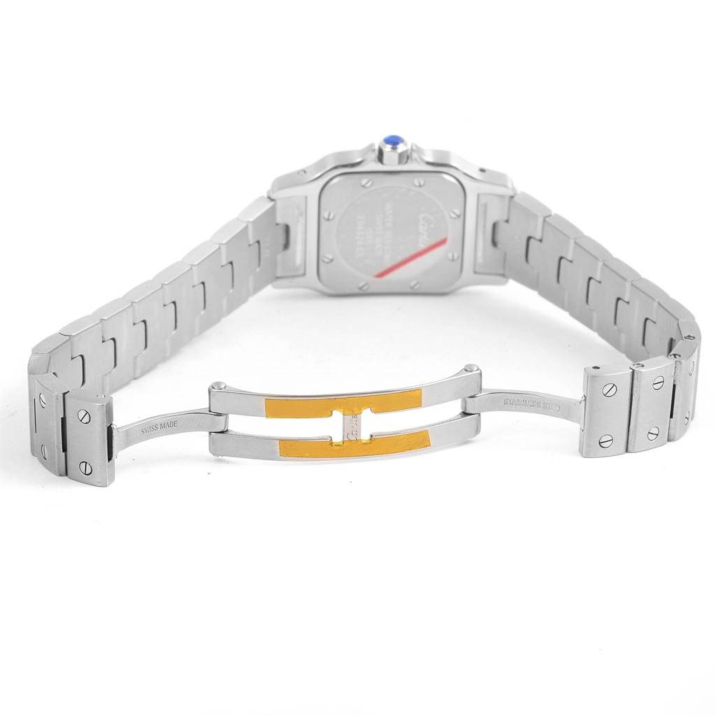 This image shows the back of the Cartier Santos W20056D6 Women
s Stainless Steel Silver Dial W20056D6 Women
s Stainless Steel Silver Dial watch, including its stainless steel bracelet and deployment clasp.