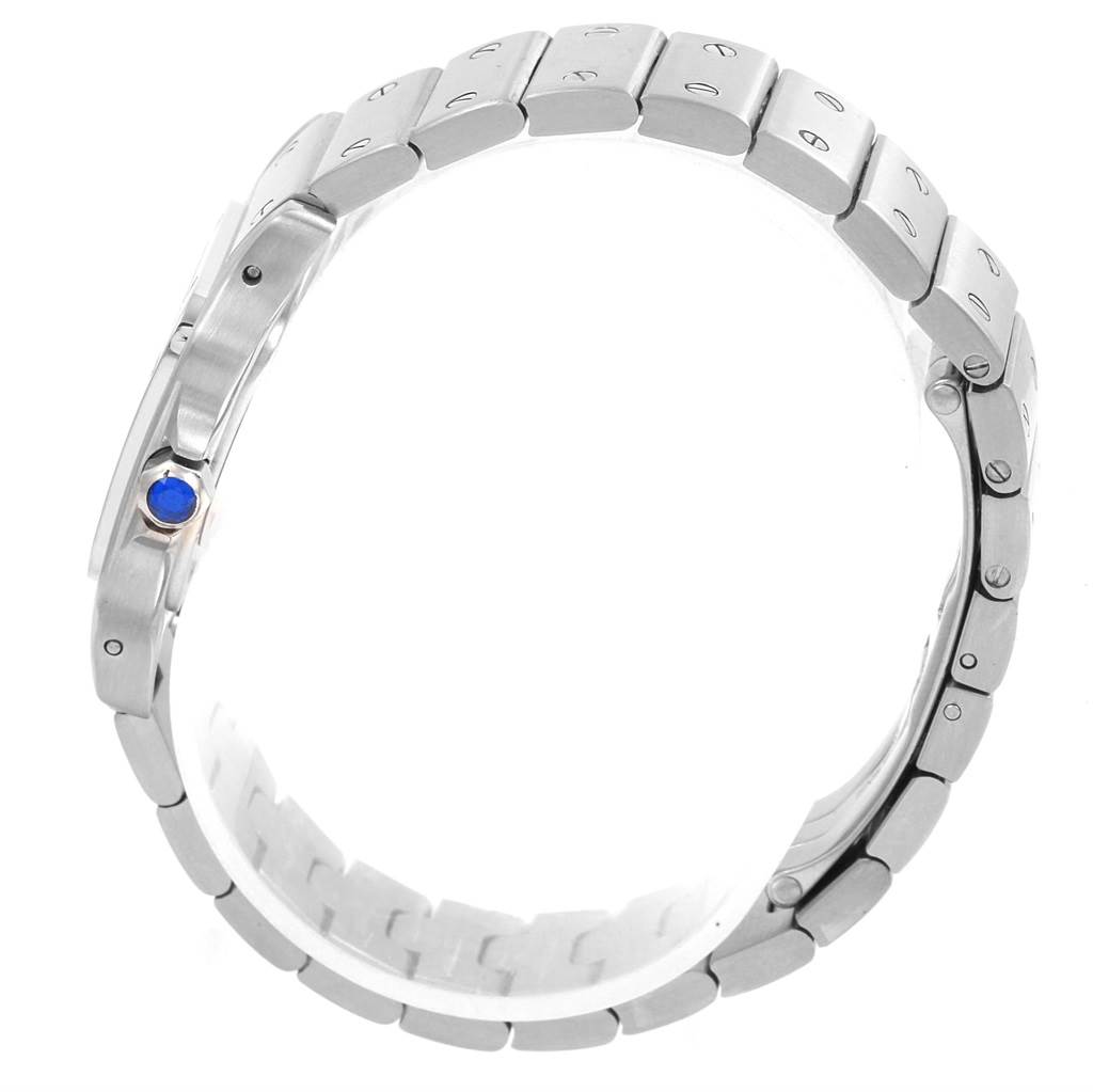 The image shows a side view of the bracelet and crown with a blue gemstone of the Cartier Santos W20056D6 Women
s Stainless Steel Silver Dial W20056D6 Women
s Stainless Steel Silver Dial watch.