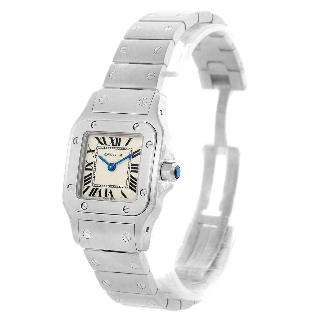 The image shows a Cartier Santos W20056D6 Women
s Stainless Steel Silver Dial W20056D6 Women
s Stainless Steel Silver Dial watch, featuring the dial, bezel, and part of the bracelet at a slight angle.