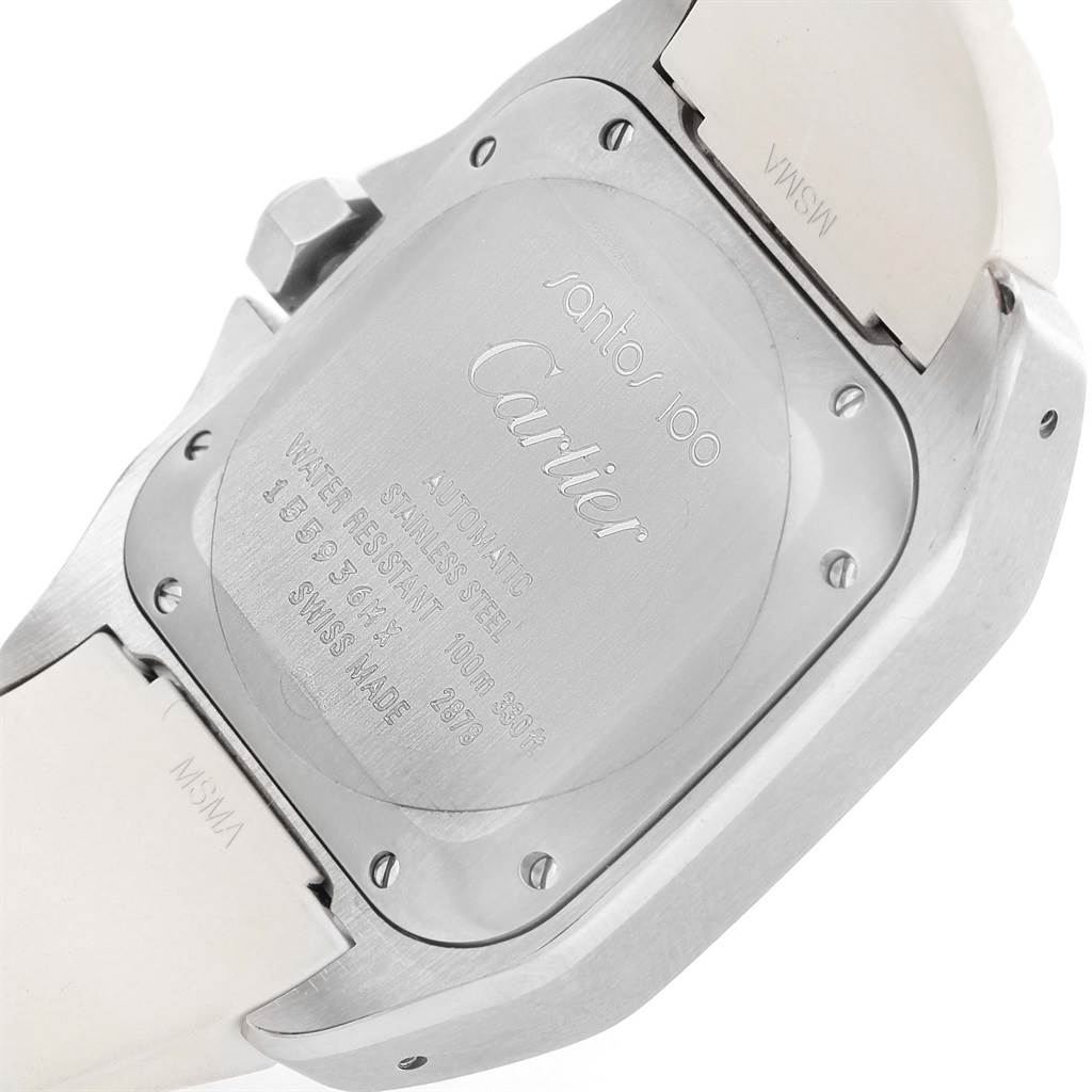 This image shows the back case of a Cartier Santos W20129U2 Women's Stainless Steel Silver Dial W20129U2 Women's Stainless Steel Silver Dial model watch, displaying its specifications.