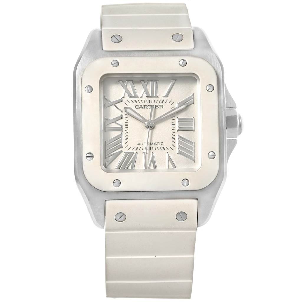 This image shows a front view of a Cartier Santos W20129U2 Women's Stainless Steel Silver Dial W20129U2 Women's Stainless Steel Silver Dial watch, including the face, bezel, and parts of the metal bracelet.