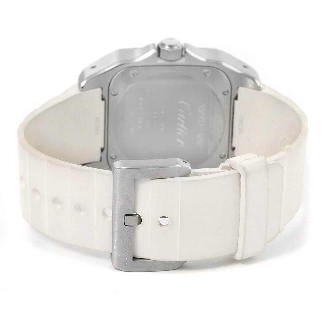 This image shows the back of a Cartier Santos W20129U2 Women's Stainless Steel Silver Dial W20129U2 Women's Stainless Steel Silver Dial watch with a white strap and its buckle.