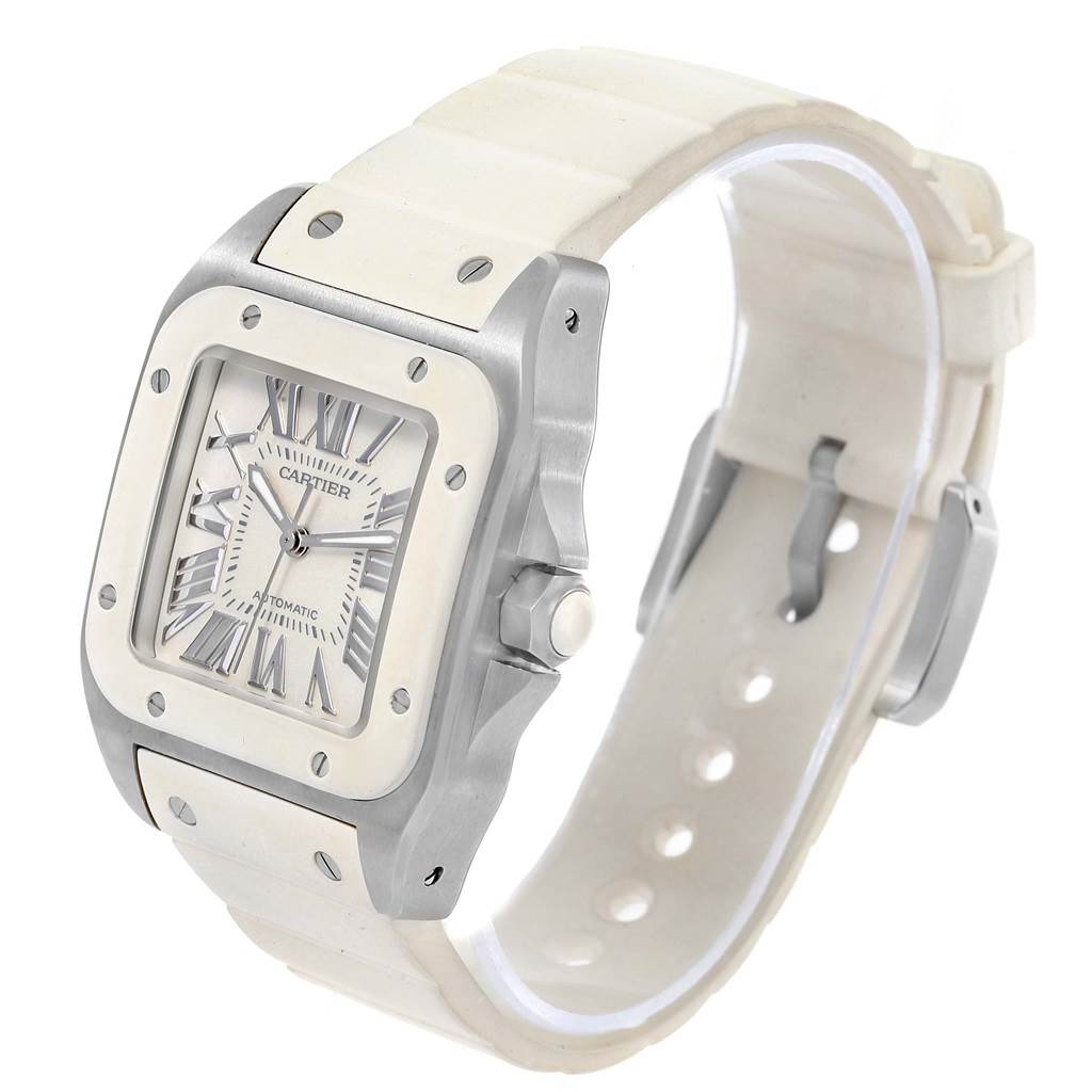 The image shows a Cartier Santos W20129U2 Women's Stainless Steel Silver Dial W20129U2 Women's Stainless Steel Silver Dial watch from an oblique angle, featuring the face, case, and white strap.