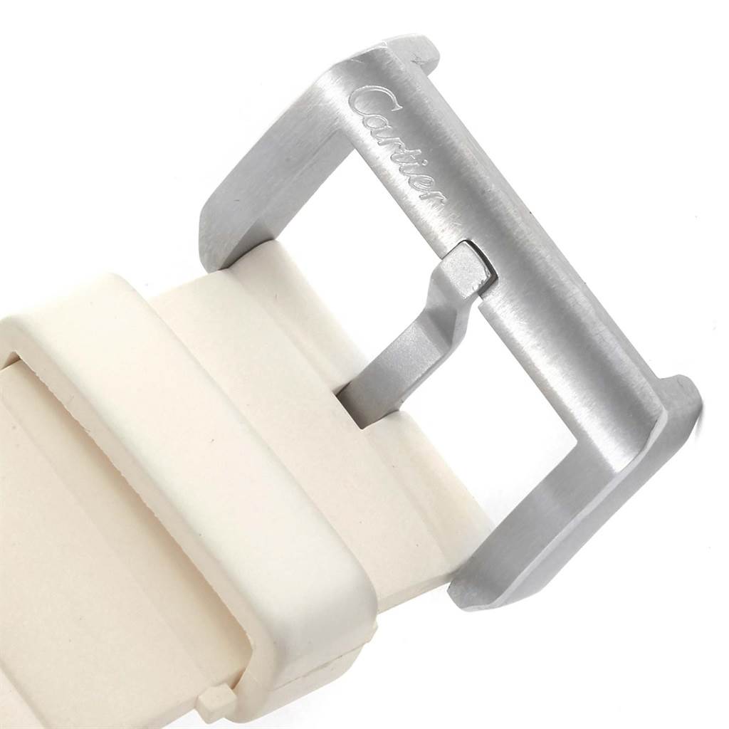 The image shows a close-up of a Santos model watch strap by Cartier, focusing on the buckle with the Cartier logo engraved.