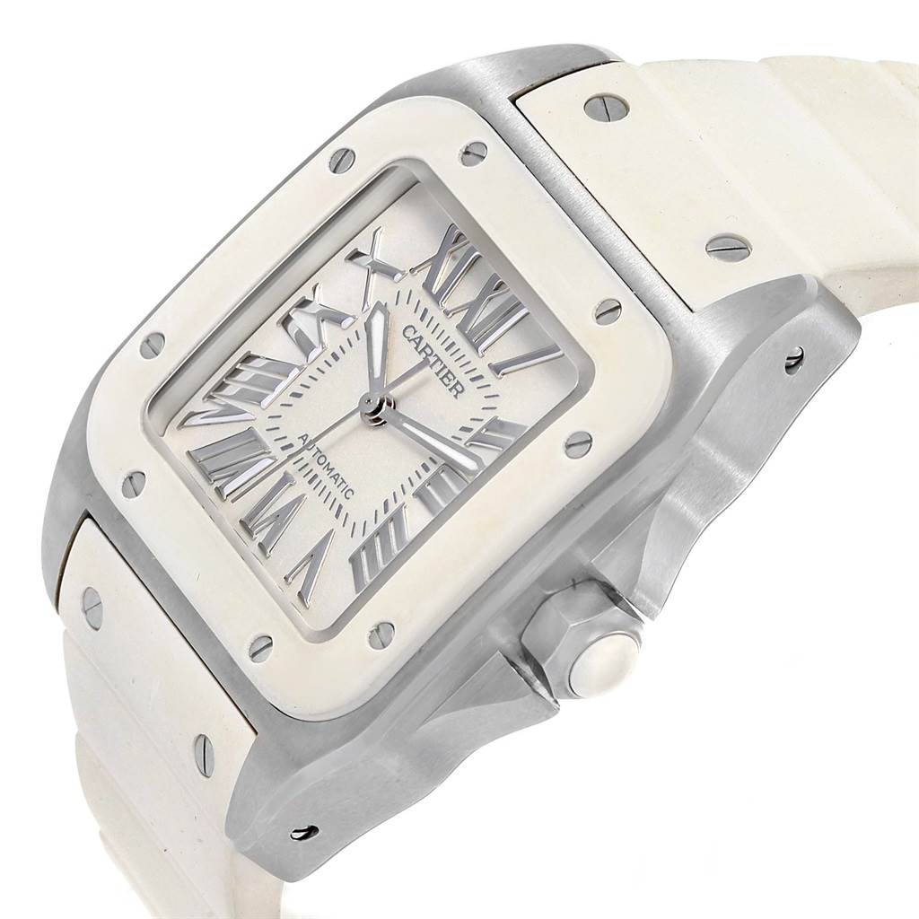 The image shows a close-up angle of a Cartier Santos W20129U2 Women's Stainless Steel Silver Dial W20129U2 Women's Stainless Steel Silver Dial watch, highlighting its dial, bezel, crown, and part of the strap.