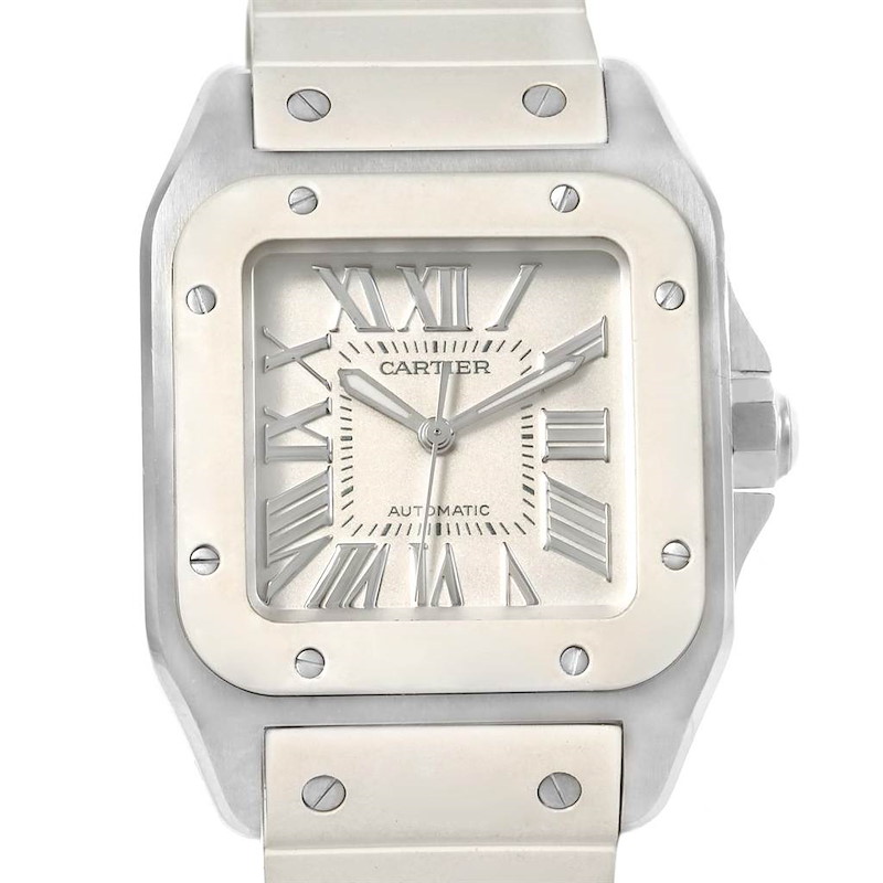 Cartier Santos 100 Stainless Steel White Rubber Ladies Watch W20129U2 SwissWatchExpo