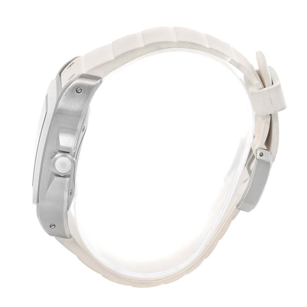 This image shows a side view of the Cartier Santos W20129U2 Women's Stainless Steel Silver Dial W20129U2 Women's Stainless Steel Silver Dial watch with a focus on the crown and rubber strap.