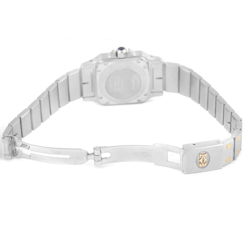 This image displays the stainless steel bracelet and clasp of a Cartier Santos Women
s Stainless Steel Silver Dial Women
s Stainless Steel Silver Dial watch from a rear angle.