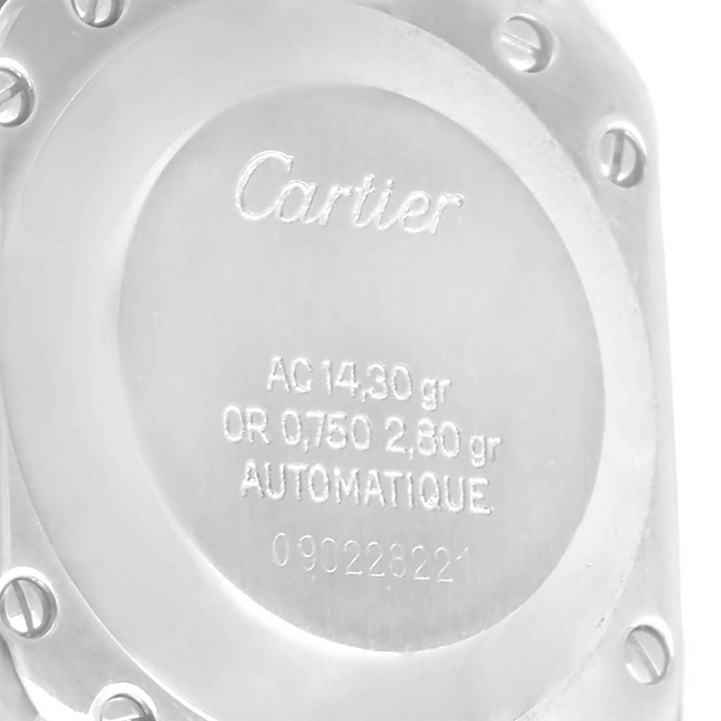 This image shows the case back of the Cartier Santos Women
s Stainless Steel Silver Dial Women
s Stainless Steel Silver Dial model watch at an angled view.
